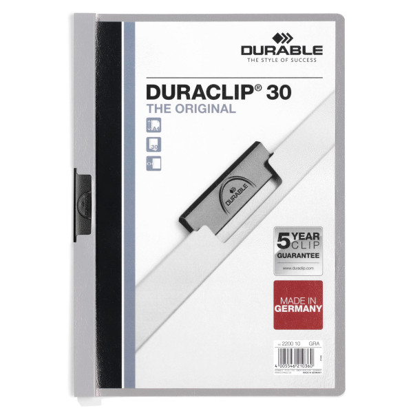 Папка с клипом Durable Duraclip 2200-10 (верхний лист прозрачный, A4, вместимость 1-30 листов, серый)