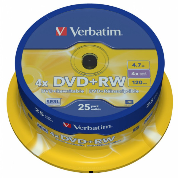 Диск DVD+RW Verbatim (4,7Гб, 4x, cake box, 25)