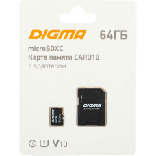Карта памяти microSDXC 64Гб Digma (Class 10, 70Мб/с, UHS-I U1, адаптер на SD) [DGFCA064A01]