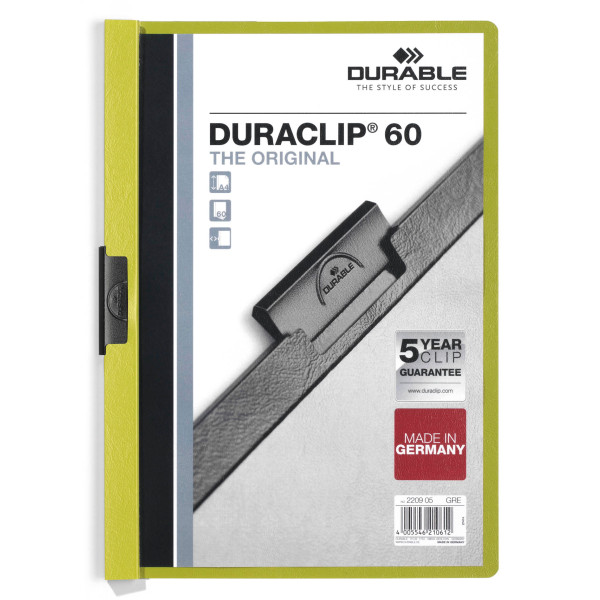 Папка с клипом Durable Duraclip 2209-05 (верхний лист прозрачный, A4, вместимость 1-60 листов, зеленый)