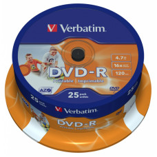 Диск DVD-R Verbatim (4.7Гб, 16x, cake box, 25, Printable) [43538]