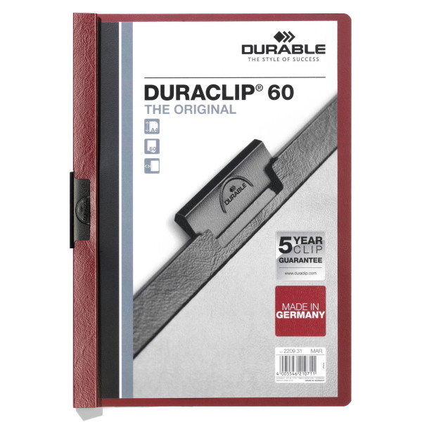 Папка с клипом Durable Duraclip 2209-31 (верхний лист прозрачный, A4, вместимость 1-60 листов, бордовый)