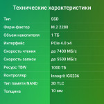 Жесткий диск SSD 1Тб Digma (2280, 7400/5500 Мб/с, 560000 IOPS, 1024Мб)