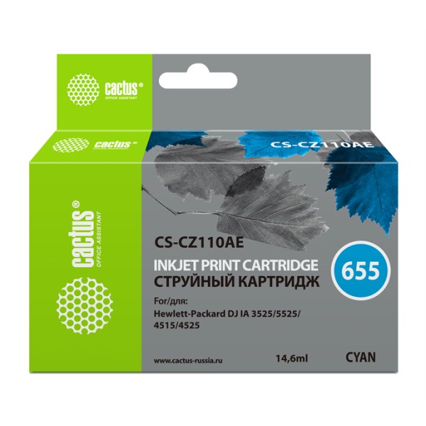 Чернильный картридж Cactus HP 655 CS-CZ110AE (голубой; 14,6стр; 14,6мл; DJ IA 3525, 5525, 4525)