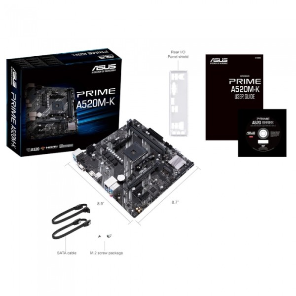 Материнская плата ASUS PRIME A520M-K (AM4, AMD A520, 2xDDR4 DIMM, microATX, RAID SATA: 0,1,10)