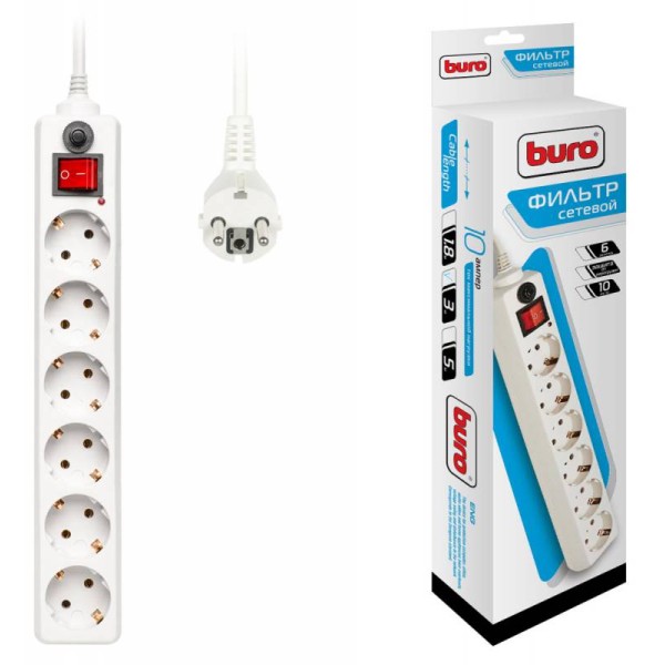 Сетевой фильтр Buro 600SH-3-W (3м, 6xEURO, 2,2кВт, 10А)