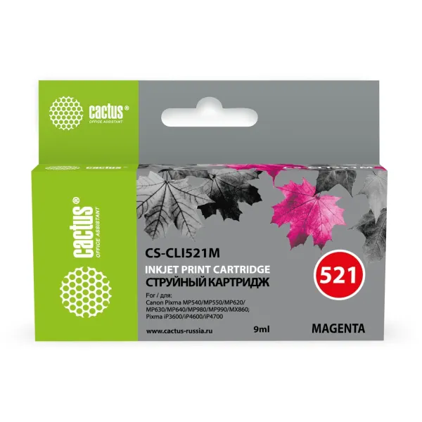 Чернильный картридж Cactus CS-CLI521M (пурпурный; 9стр; 8мл; Pixma MP540, MP550, MP620, MP630, MP640, MP980, MP990, MX860, iP3600, iP4600, iP4700)
