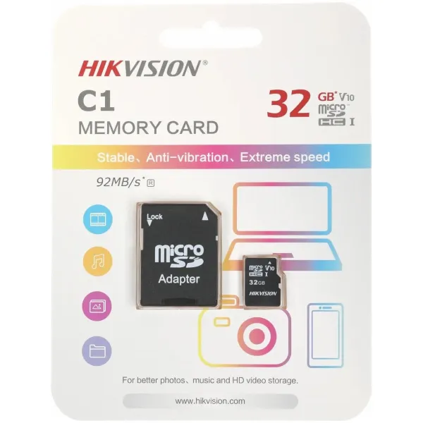 Карта памяти microSDHC 32Гб Hikvision (Class 10, 92Мб/с, UHS-I U1, адаптер на SD)