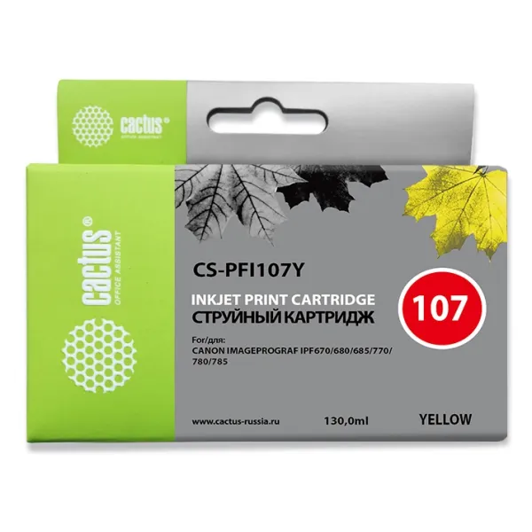 Чернильный картридж Cactus CS-PFI107Y (желтый; 130стр; IP iPF670, iPF680, iPF685, iPF770, iPF780, iPF785, )