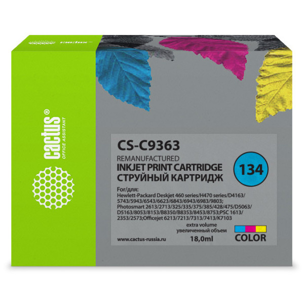 Картридж Cactus HP 134 CS-C9363 (оригинальный номер: №134; голубой, желтый, пурпурный; 18стр; 22мл; DJ 460series, 5740, 5743, 5793, 5940, 5943, 6540, 6543, 6620, 6623)