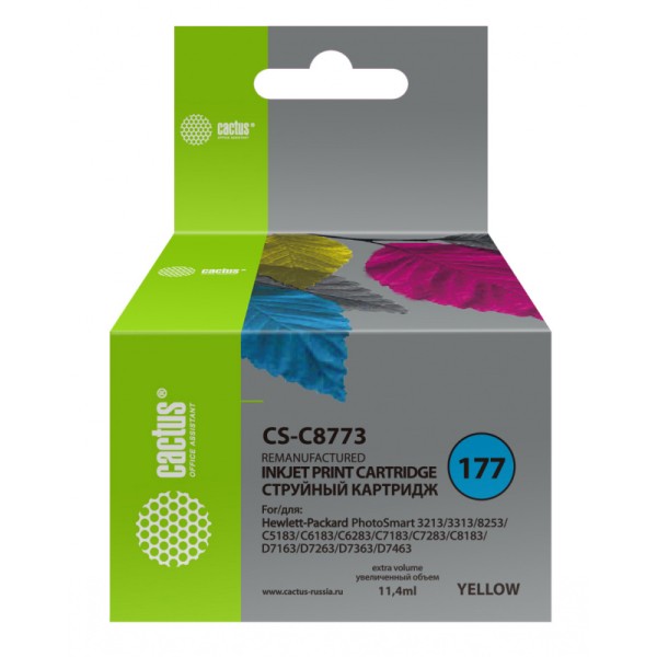 Чернильный картридж Cactus HP 177 CS-C8773 (желтый; 11,4стр; PS 3213, 3313, 8253, C5183, C6183, C6283, C7183, C7283, C8183, D7163, D7263, D7363, D7463)