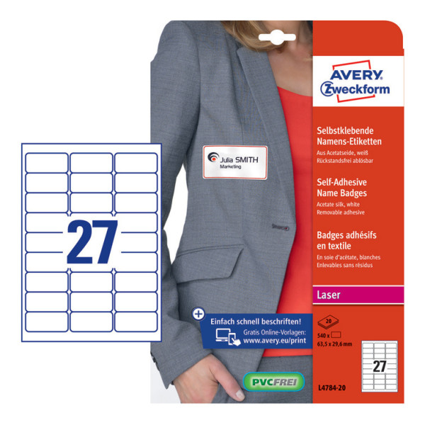 Этикетки Avery Zweckform (односторонняя, 20 листов, белый, накл: 27шт, 29,6x63,5мм)
