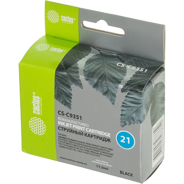 Чернильный картридж Cactus HP 21 CS-C9351 (черный; 17стр; 10мл; DJ 3920, 3940, D1360, D1460, D1470, D1560, D2330, D2360, D2430, D2460, F370, F375, F380, F2180, F2187, F2224, F2280, F2290, F4140, F4172, F4180, F4190)