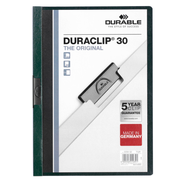 Папка с клипом Durable Duraclip 2200-32 (верхний лист прозрачный, A4, вместимость 1-30 листов, темно-зеленый)
