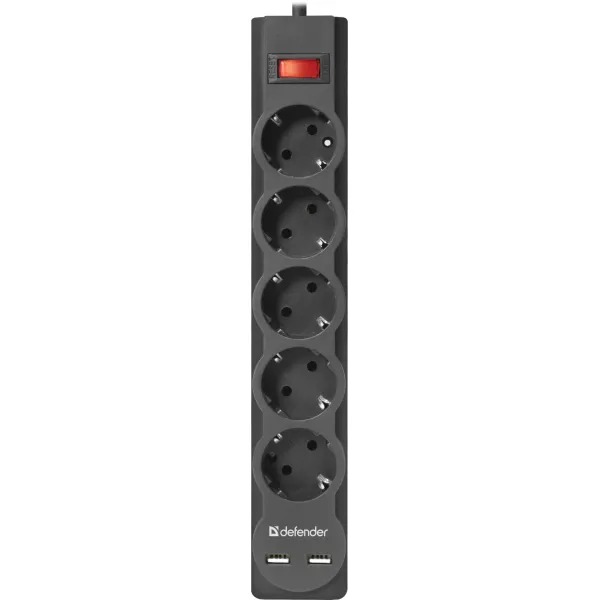 Сетевой фильтр Defender DFS 755 (5м, 5xEURO, USB 2шт, 2,2кВт)