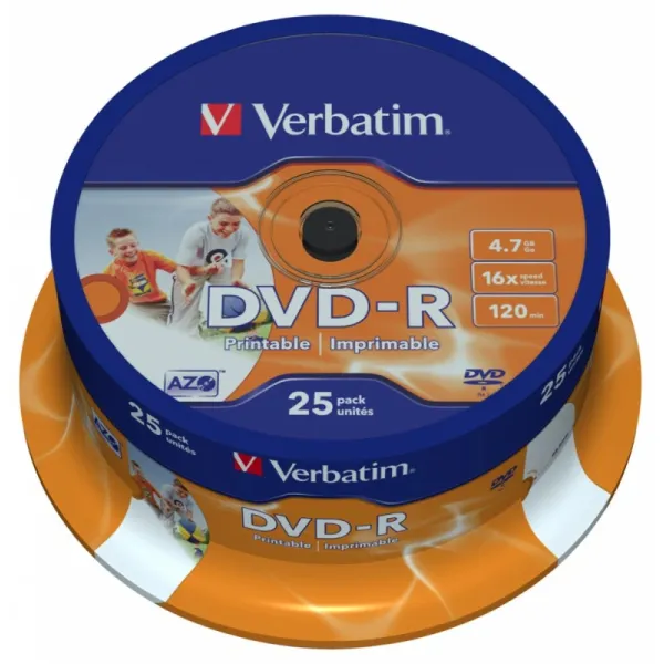 Диск DVD-R Verbatim (4.7Гб, 16x, cake box, 25, Printable)