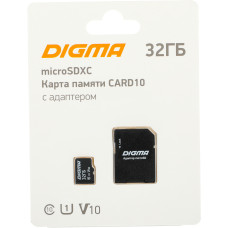Карта памяти microSDHC 32Гб DIGMA (Class 10, 70Мб/с, UHS-I U1, адаптер на SD) [DGFCA032A01]