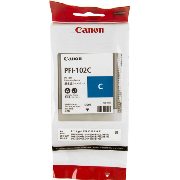 Чернильный картридж Canon PFI-102C (голубой; 130стр; 130мл; iPF510, 605, 610, 650, 655, 750, 760, 765)