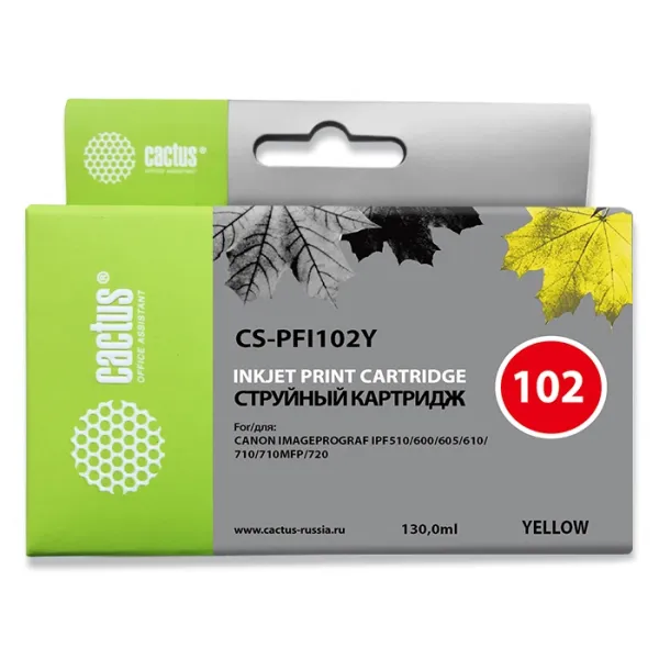 Чернильный картридж Cactus CS-PFI102Y (желтый; 130стр; IP iPF500, iPF600, iPF700, MFP M40, iPF765, LP17, LP24)