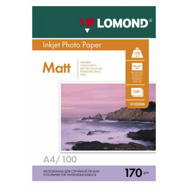 Фотобумага Lomond 0102006 (A4, 170г/м2, для струйной печати, двусторонняя, матовая, 100л)