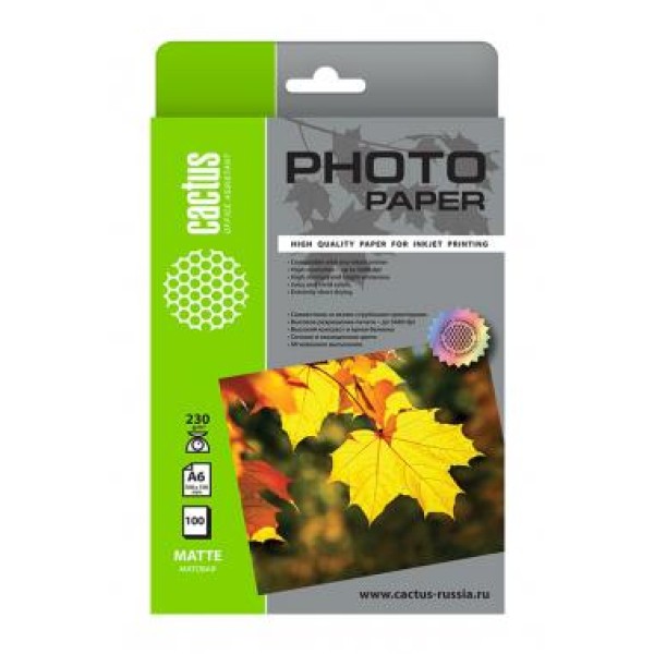 Фотобумага Cactus CS-MA6230100 (10x15, 230г/м2, для струйной печати, односторонняя, матовая, 100л)