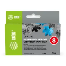 Чернильный картридж Cactus CS-CLI8C (голубой; 13,4стр; 12,6мл; Pixma MP470, MP500, MP510, MP520, MP530 MP600, MP800, MP810, MP830, MP970, iP3300, iP3500, iP4200, iP4300, iP5200, iP5300, iP6600D, iP6700D, MX700, MX850, iX4000, iX5000, Pro9000, 9000, Mark I
