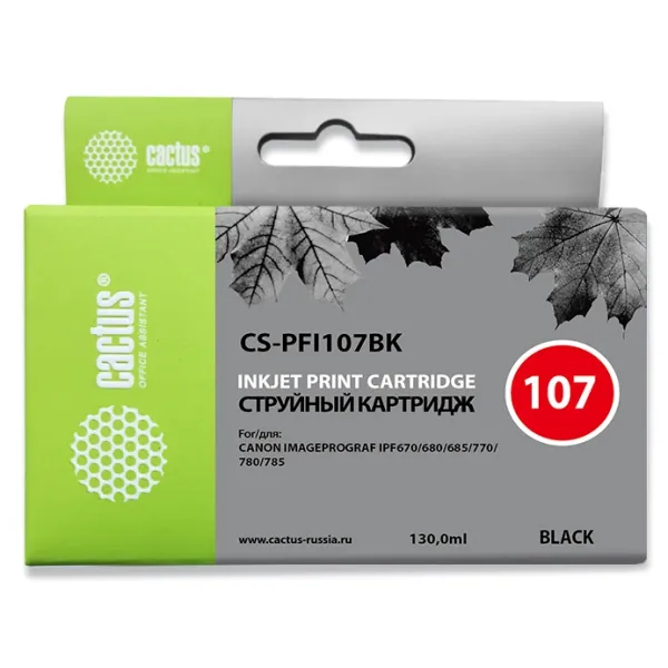 Чернильный картридж Cactus CS-PFI107BK (черный; 130стр; IP iPF670, iPF680, iPF685, iPF770, iPF780, iPF785, )