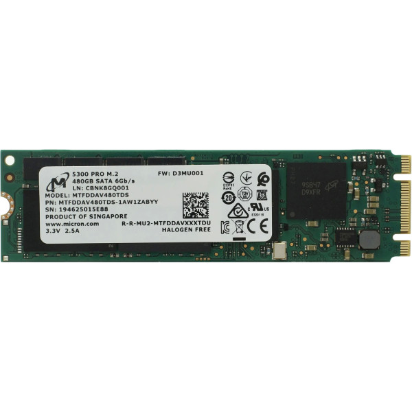 Жесткий диск SSD 480Гб Micron 5300 PRO (M.2 2280, 540/410 Мб/с, 36000 IOPS, SATA 6Гбит/с, для сервера)
