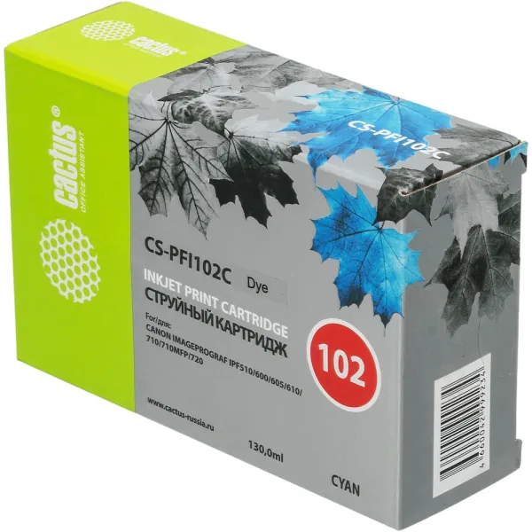 Чернильный картридж Cactus CS-PFI102C (синий; 130стр; IP iPF500, iPF600, iPF700, MFP M40, iPF765, LP17, LP24)