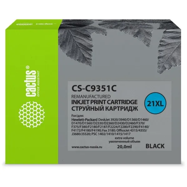 Чернильный картридж Cactus HP 21XL CS-C9351C (черный; 20стр; 20мл; DJ 3920, 3940, D1360, D1460, D1470, D1560, D2330, D2360)