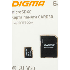 Карта памяти microSDXC 64Гб Digma (Class 10, 80Мб/с, UHS-I U3, адаптер на SD)