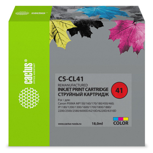 Картридж Cactus CS-CL41 (оригинальный номер: CL-41; голубой, желтый, пурпурный; 18стр; Pixma MP150, MP160, MP170, MP180, MP210, MP220, MP450, MP460, MP470, iP1200, iP1300, iP1600, iP1700, iP1800, iP190)