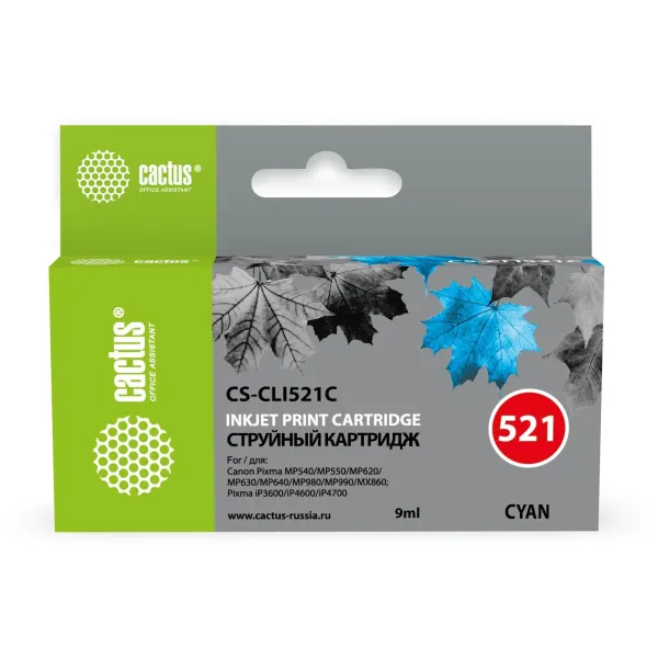 Чернильный картридж Cactus CS-CLI521C (голубой; 9стр; MP540, MP550, MP620, MP630, MP640, MP660)
