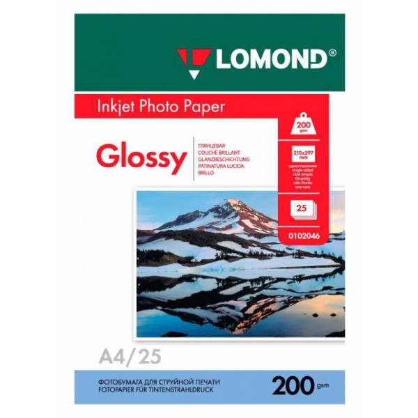 Фотобумага Lomond 0102046 (A4, 200г/м2, для струйной печати, односторонняя, глянцевая, 25л)