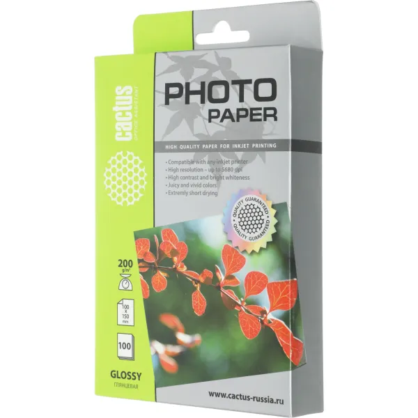 Фотобумага Cactus CS-GA6200100 (10x15, 200г/м2, для струйной печати, односторонняя, глянцевая, 100л)