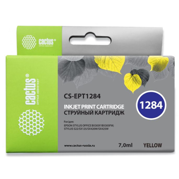 Чернильный картридж Cactus CS-EPT1284 (оригинальный номер: T1284; желтый; 7стр; Stylus S22, S125, SX420, SX425, Office BX305)