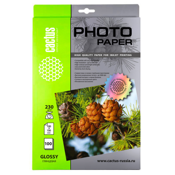 Фотобумага Cactus CS-GA6230100 (10x15, 230г/м2, для струйной печати, односторонняя, глянцевая, 100л)