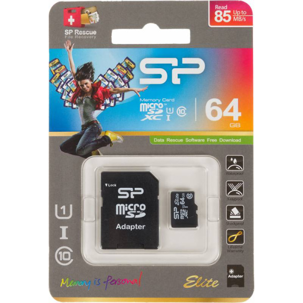 Карта памяти microSDXC 64Гб Silicon Power (Class 10, 85Мб/с, UHS-I, адаптер на SD)