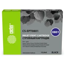 Картридж Cactus CS-EPT0801 (оригинальный номер: T0801; черный; 11,4стр; Stylus PhotoP50, PX650, PX660, PX700, PX700W, PX710, PX710W, PX720, PX720WD, PX800, PX800FW, PX810, PX810FW, PX820, PX820FWD, R265, R285, R360, RX560, RX585, RX685) [CS-EPT0801]